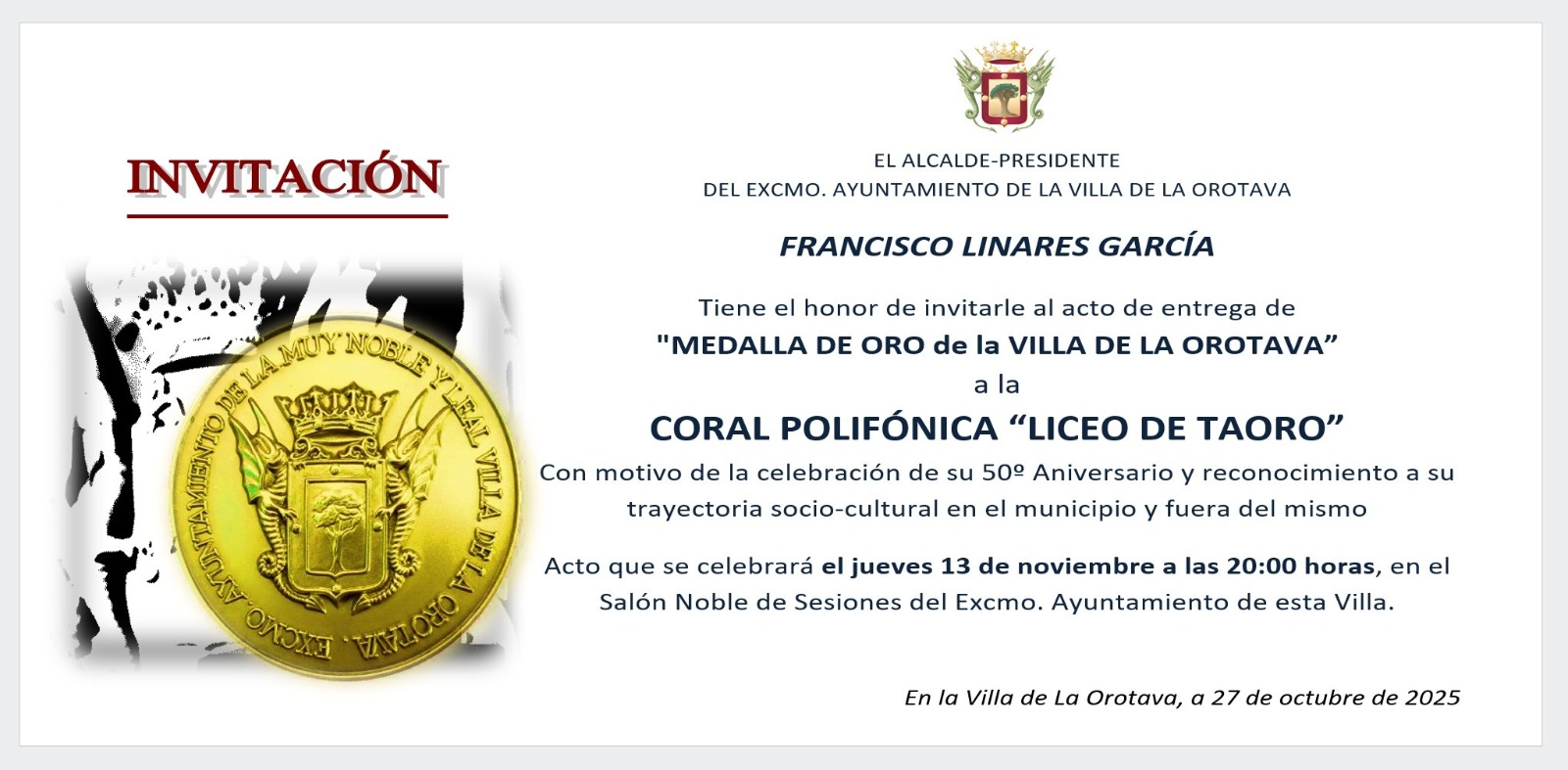 Entrega de la Medalla de Oro de la Villa de La Orotava a la "CORAL POLIFÓNICA LICEO DE TAORO"