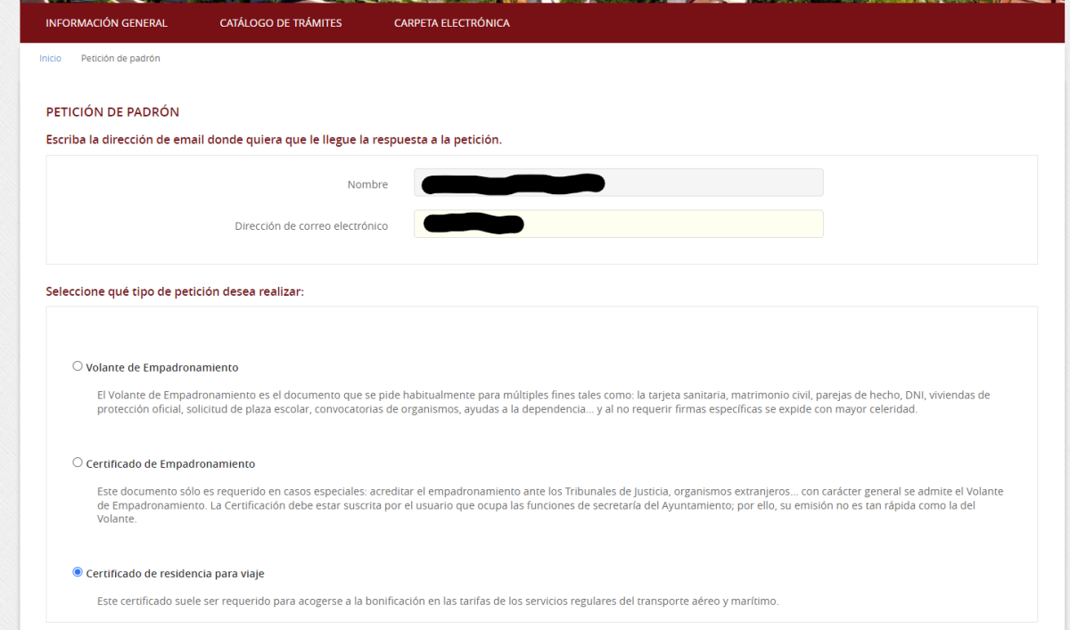 Pantalla de petición de información para solicitar certificado de residencia para viaje