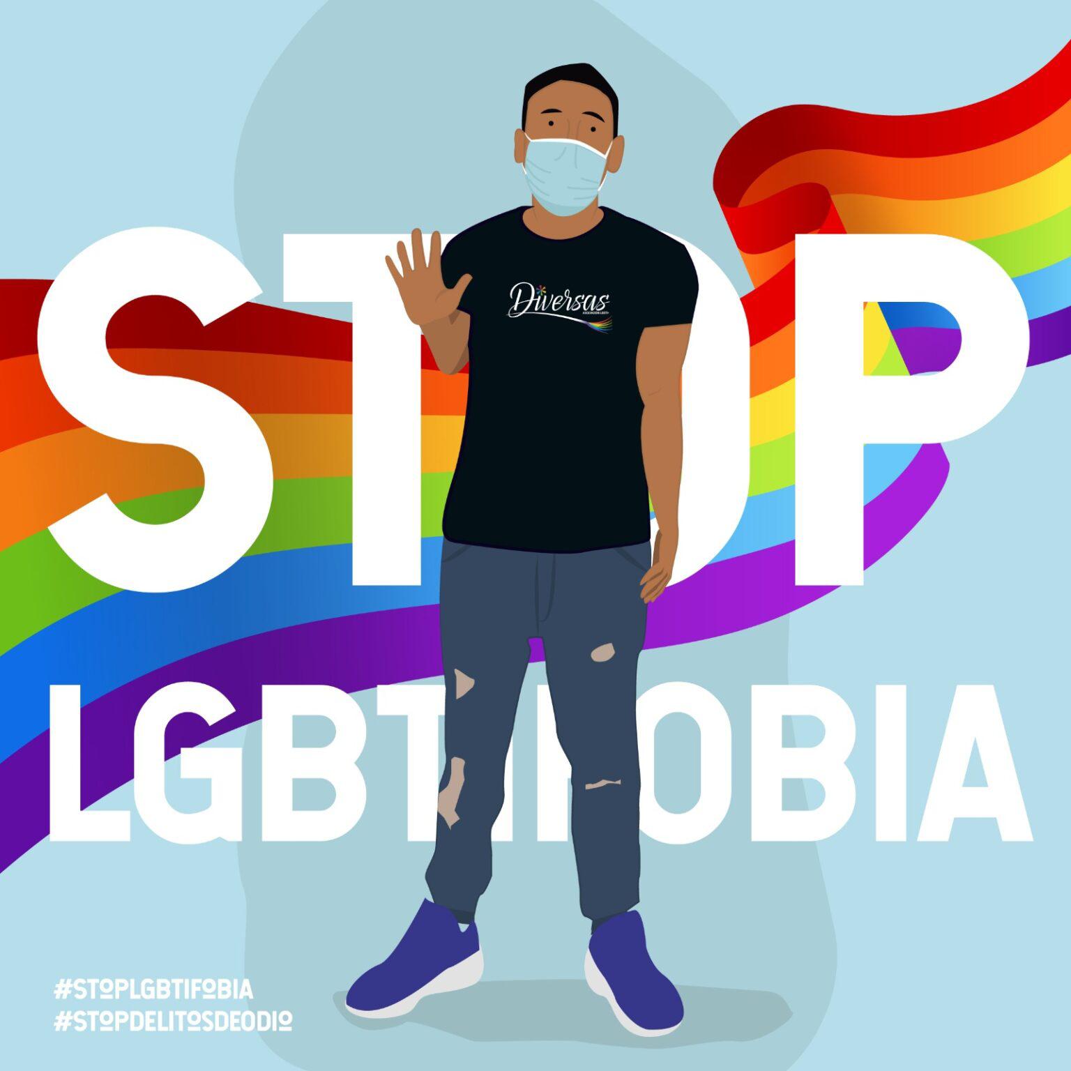 Cartel que describe a una persona del colectivo Diversas con el mensaje Stop LGBTIfobia