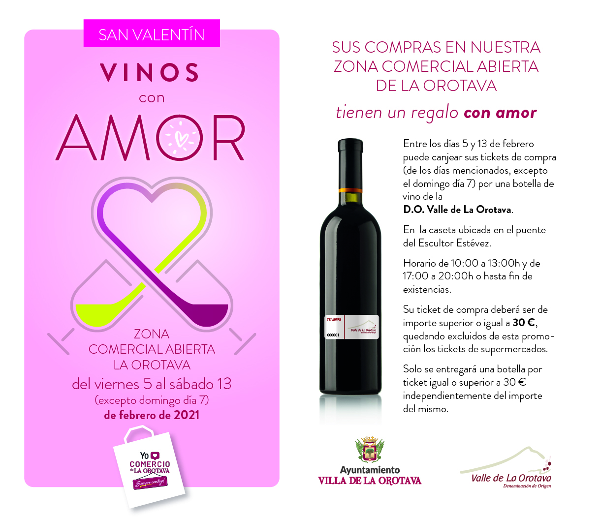Entre los días 5 y 13 de febrero los tickets de compras podrán ser canjeados por una botella de vino de la Denominación de Origen Valle de La Orotava