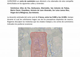 Aviso corte de suministro de agua el martes, 12 de mayo, de 09.00 a 12.00 horas en el barrio de San Antonio