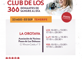 El Instituto Canario de Hemodonación y Hemoterapia ha comunicado que se habilitará un espacio para la donación de sangre entre los próximos días 23 de agosto y 3 de septiembre en la Asociación de Vecinos Paseo de Las Dehesas