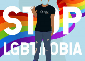 Cartel que describe a una persona del colectivo Diversas con el mensaje Stop LGBTIfobia
