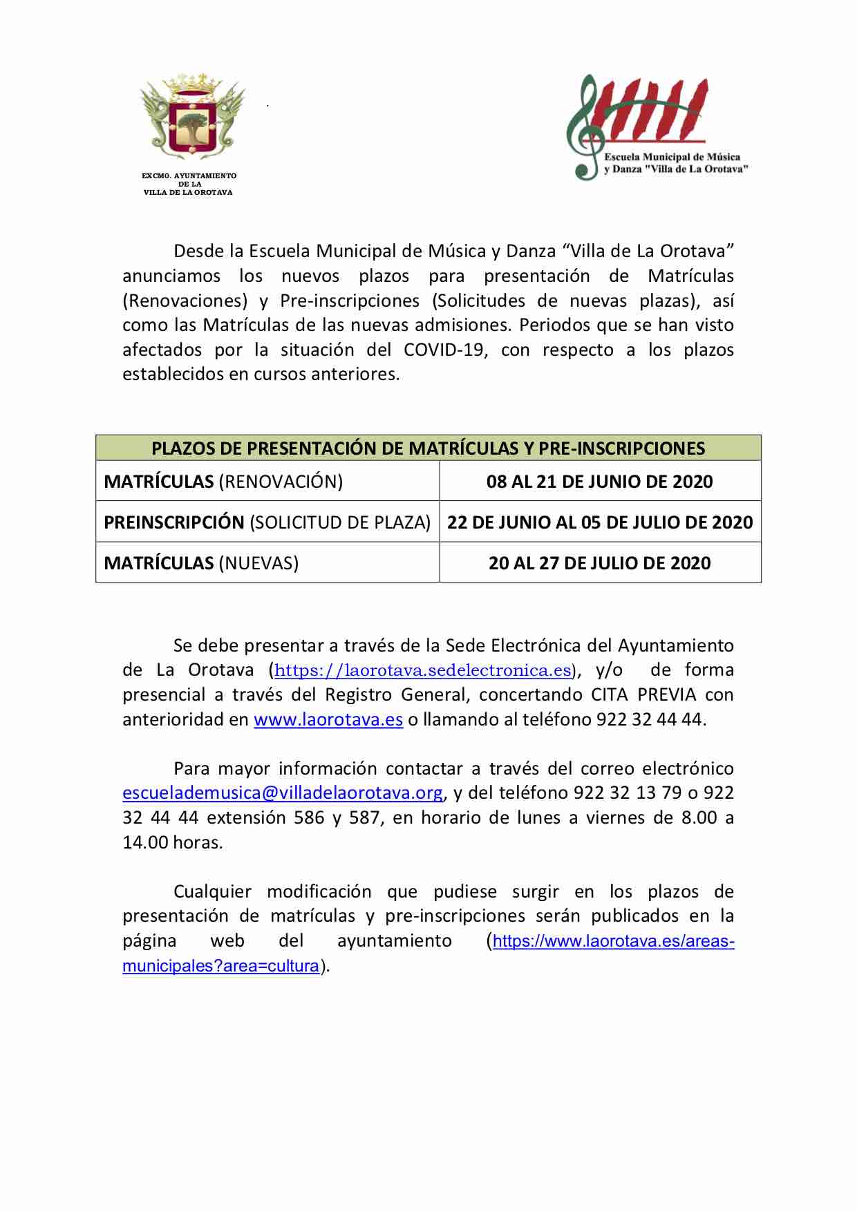 La Escuela Municipal de Música y Danza Villa de La Orotava establece los nuevos plazos de matrículas y preinscripciones