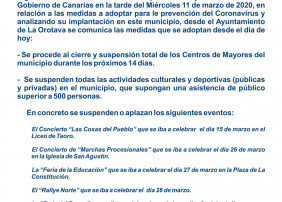 EL AYUNTAMIENTO DE LA OROTAVA INFORMA SOBRE LAS SUSPENSIONES DE ACTOS Y OTRAS MEDIDAS FRENTE AL CORONAVIRUS